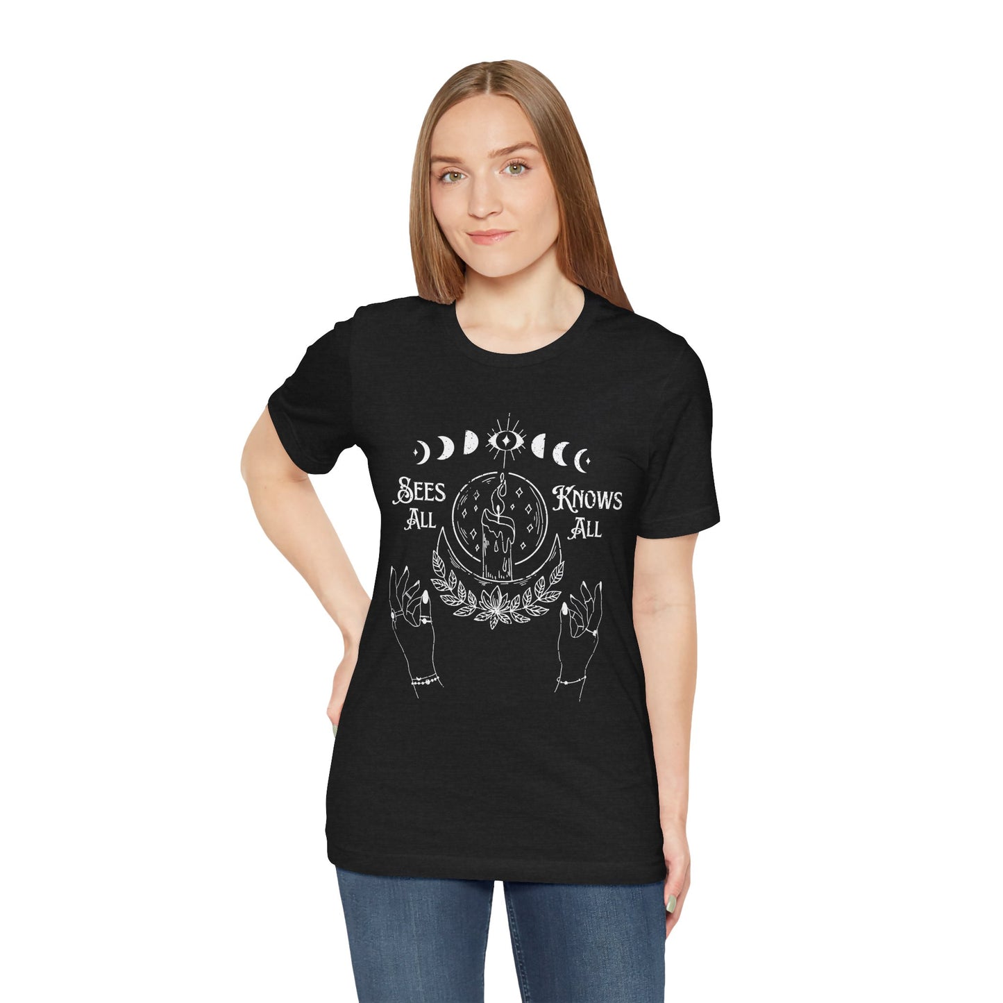 "Sees All, Knows All" Distressed Cotton Graphic T-Shirt