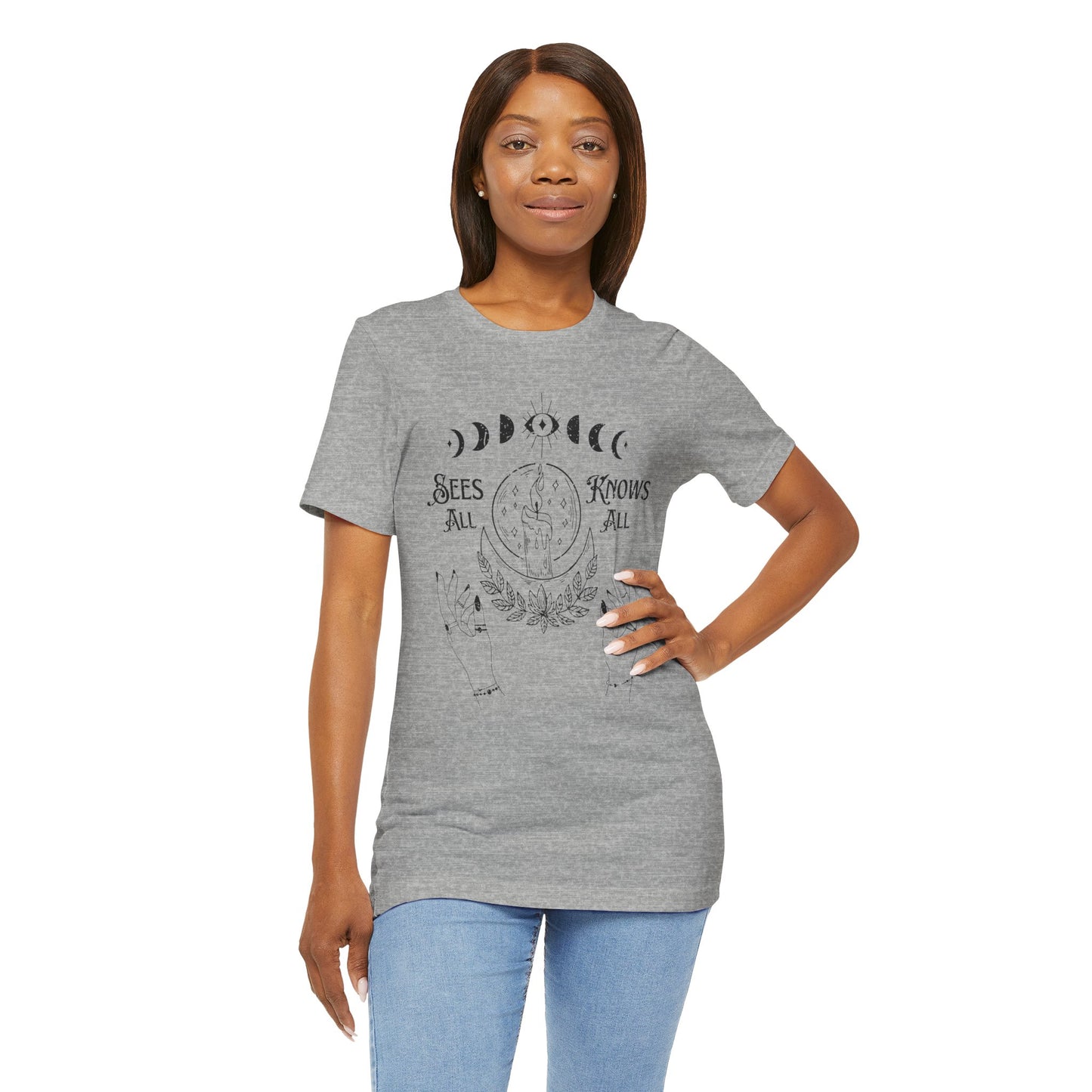 "Sees All, Knows All" Distressed Cotton Graphic T-Shirt