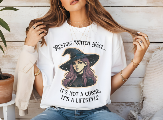 "Resting Witch Face" Distressed Cotton Graphic T-Shirt