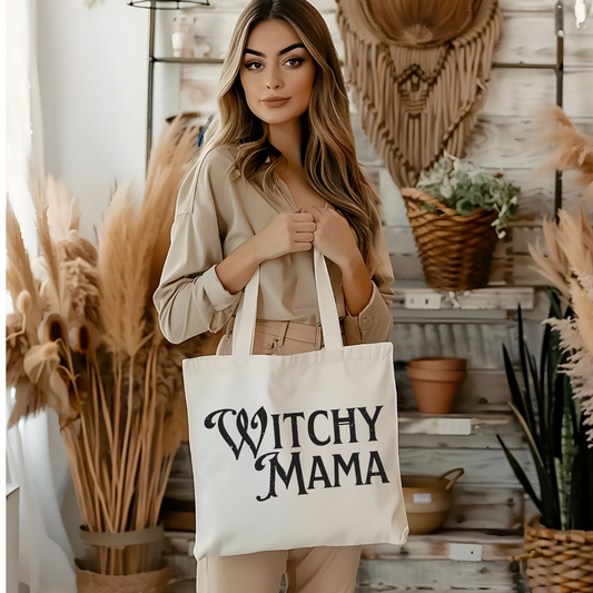 "Witchy Mama" Distressed Graphic Tote Bag | Magical Minimalist Accessory