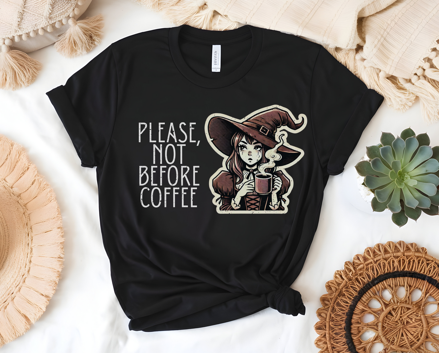 "Please, Not Before Coffee" Distressed Cotton Graphic T-Shirt