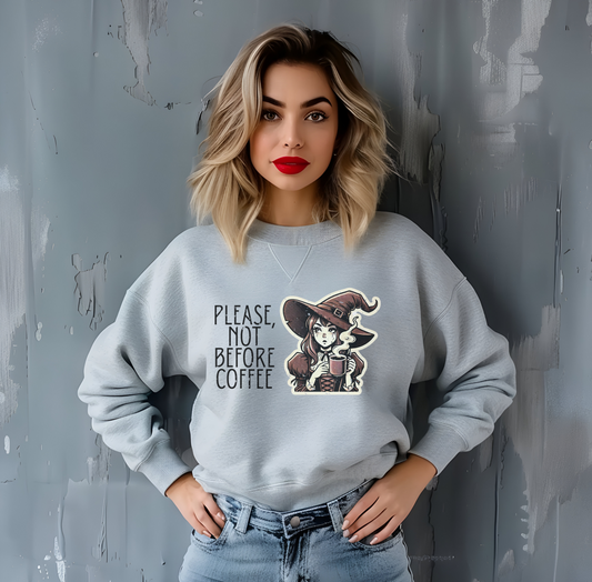 "Please, Not Before Coffee" Distressed Crewneck Graphic Sweatshirt