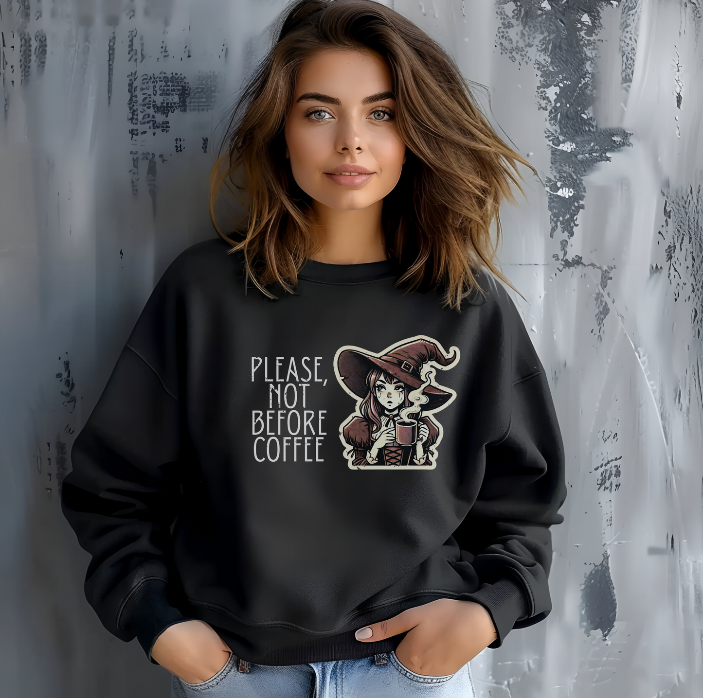 "Please, Not Before Coffee" Distressed Crewneck Graphic Sweatshirt