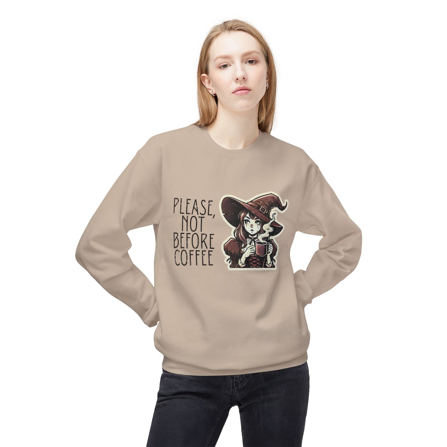 "Please, Not Before Coffee" Distressed Crewneck Graphic Sweatshirt