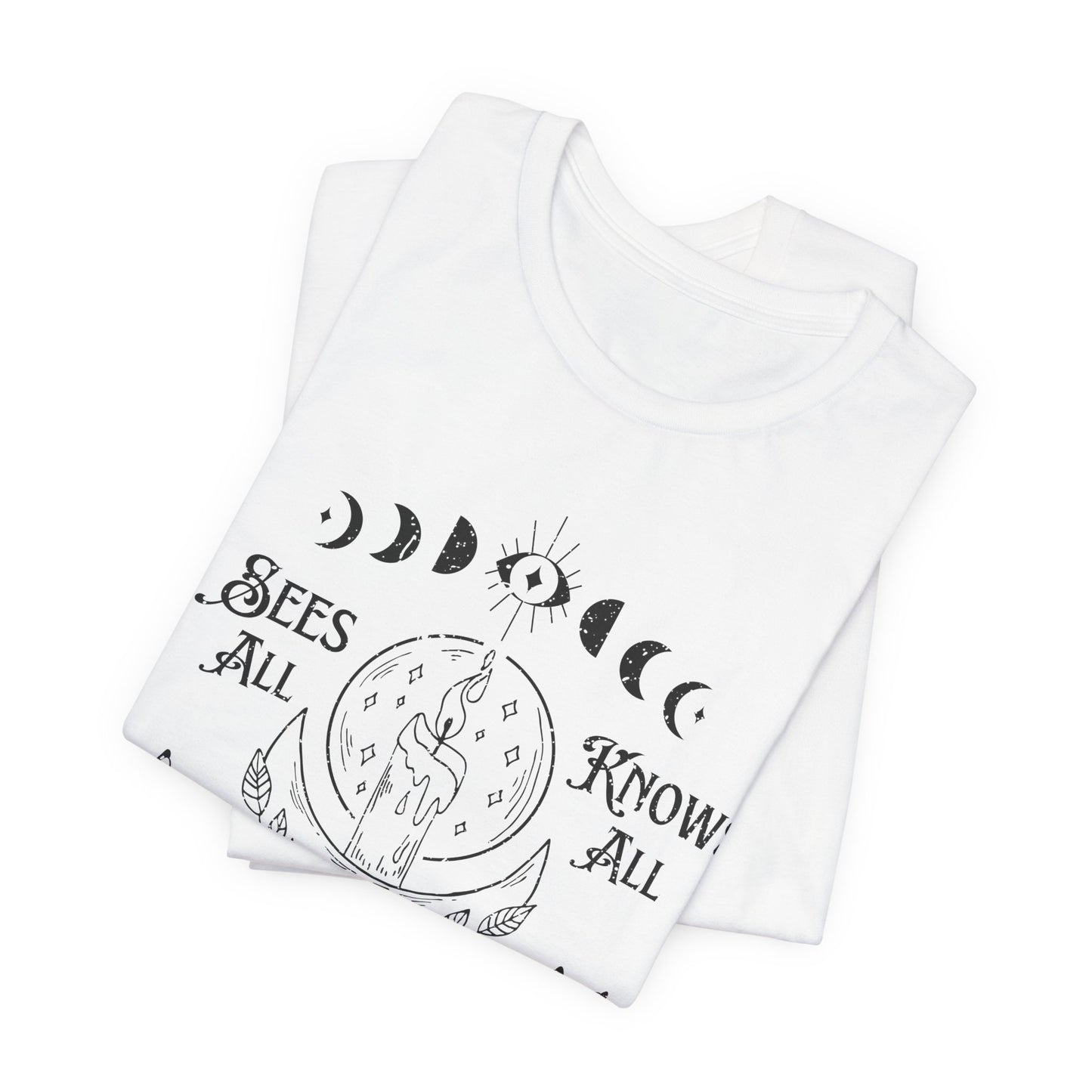 "Sees All, Knows All" Distressed Cotton Graphic T-Shirt